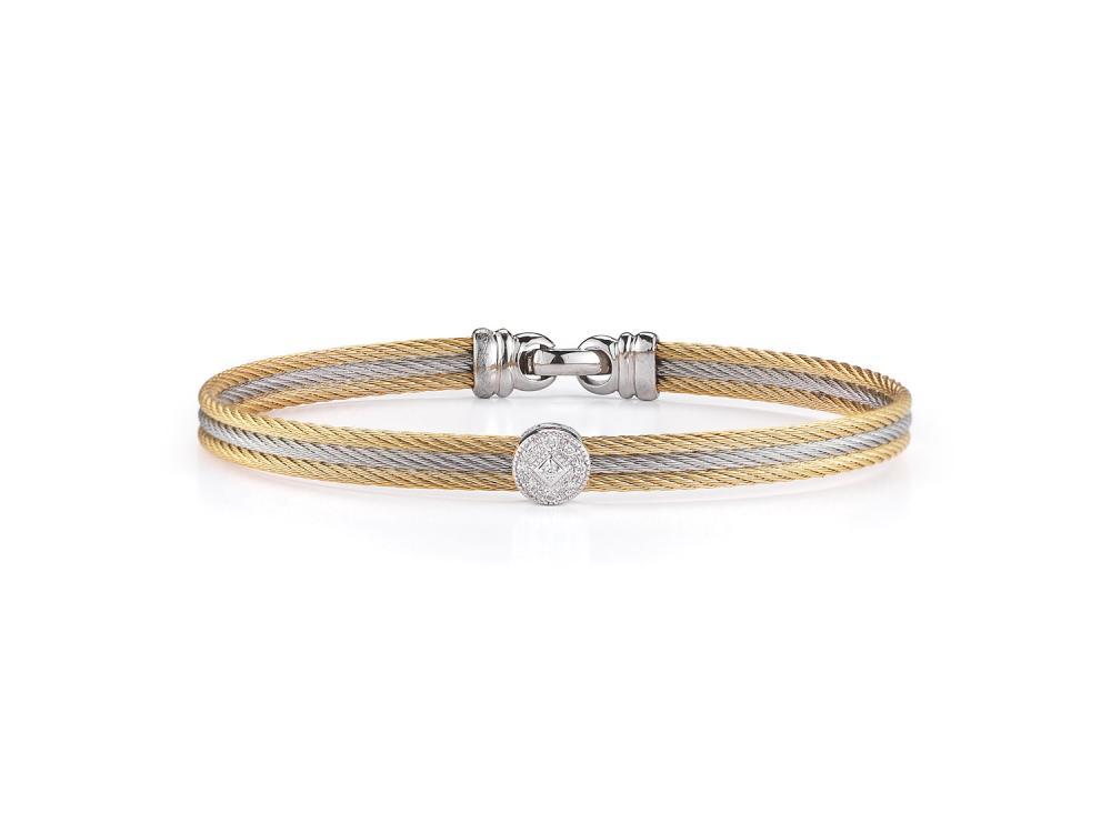 This heat treated yellow and grey colored steel cable features alternating colors with a single squared 18k white gold diamond station. Displaying a total carat weight of .05cts, this bangle is perfect to wear around all day and keep on for a night out. Stack it with others for a fun way to wear. Two Tone Single Squared Station Bangle