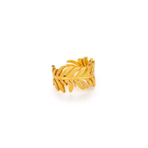 Delicately carved, this open-ended ring adjusts to wrap comfortably around the finger. - 24K gold plate - One size fits all Fern Ring