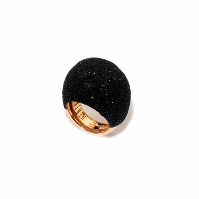 Large Dome Polvere Di Sogni Ring. Sterling Silver with an 18K Rose Gold Vermeil. Ring includes butterfly tines to easily adjust the sizing. Large Dome Polvere Di Sogni Ring - Rose Gold & Black Dust