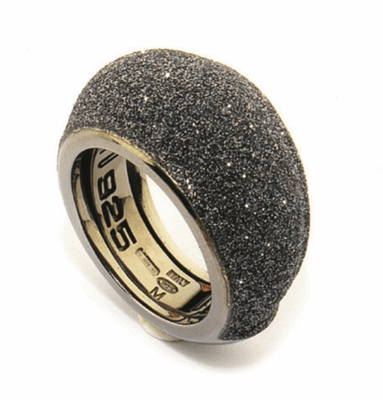 Small Dome Polvere Di Sogni Ring. Sterling Silver with a Ruthenium Plating. Ring contains adjustable butterfly tine along interior of the ring for easy sizing. Small Dome Polvere Di Sogni Ring - Ruthenium & Dark Gray Dust