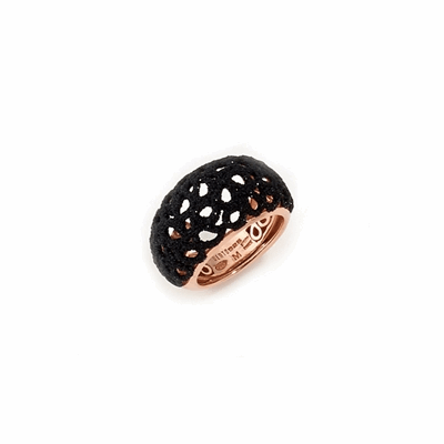Small Dome Laser Cut Polvere Di Sogni Ring. Sterling Silver with an 18K Rose Gold Vermeil. Ring features butterfly tines along interior of the ring for easy sizing. Small Dome Laser Cut Polvere Di Sogni Ring - Rose Gold & Black Dust