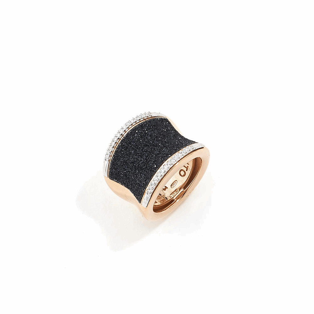 Large Saddle Ring w/Diamonds. Sterling Silver with an 18K Rose Gold Vermeil. Ring includes a total of 0.252Ct. diamonds, as well as butterfly sizing tines along interior of the ring for easy sizing. Polvere di Sogni Saddle Ring w/Diamonds - Rose Gold & Black Dust