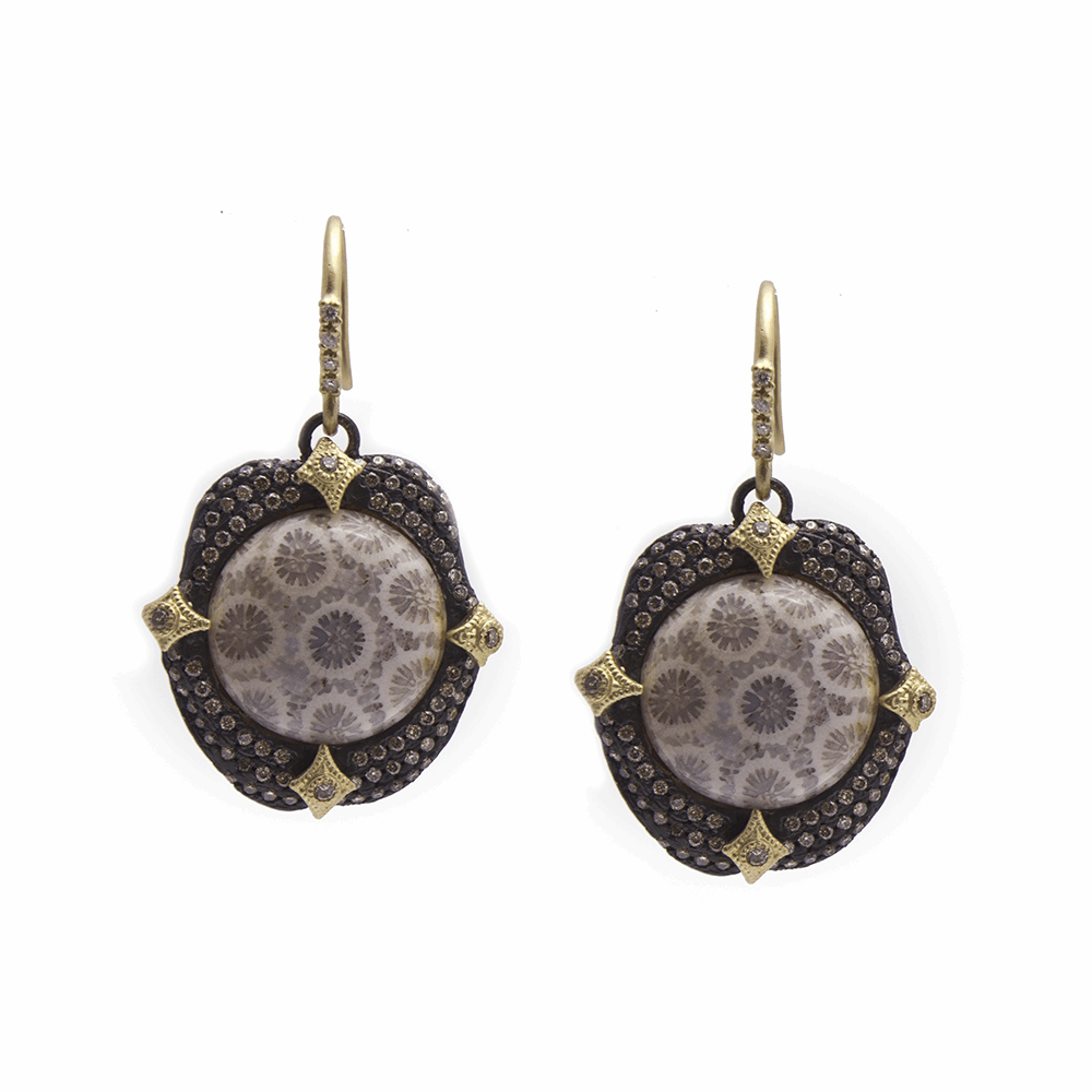 These unique blackened sterling silver and yellow gold earrings are brought to you by Armenta's Old World Collection. Featuring a center set fossilized coral, with a pave halo of white and champagne diamonds. The gold prong diamond stations on the halo give this earring just enough to warrant a double take. Fossilized Coral Earring