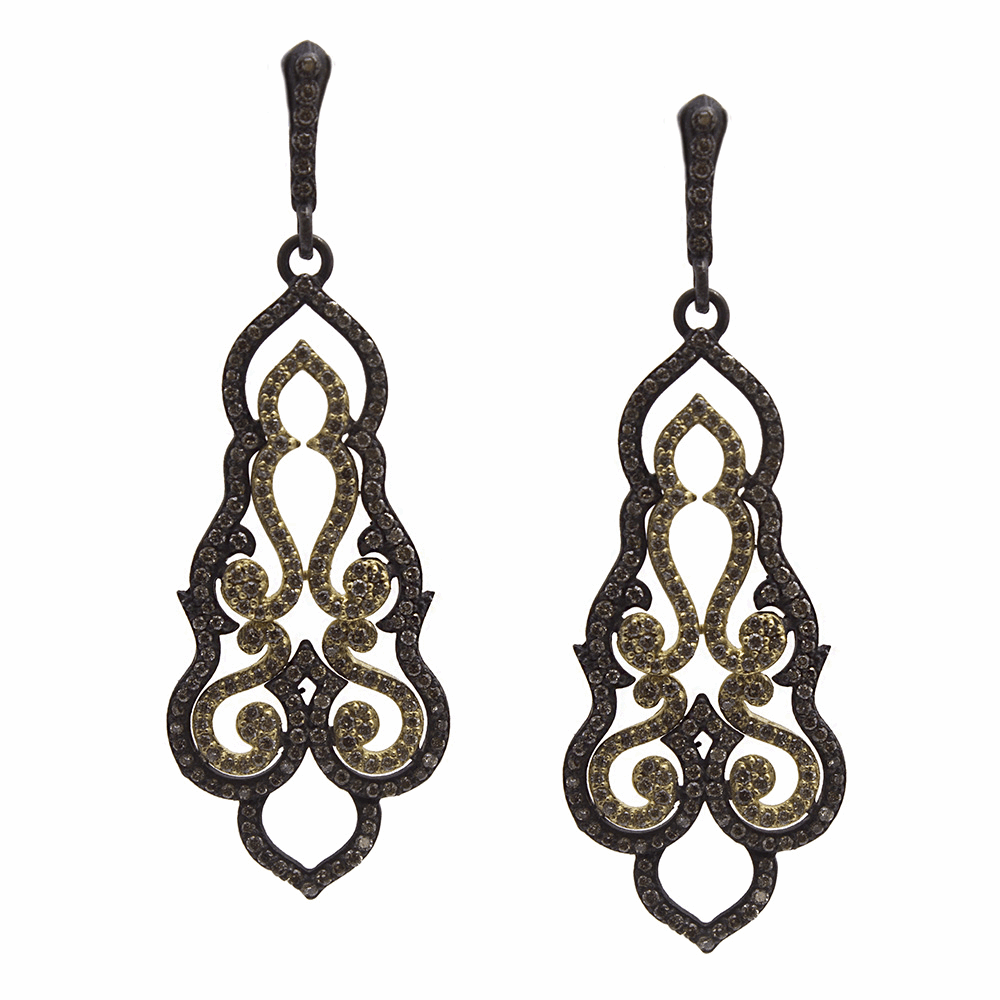 Armenta presents these Old World Collection earrings. Featuring blackened sterling silver and 18k yellow gold, these swirl drop earrings displaying champagne diamonds. Swirl Drop Earring
