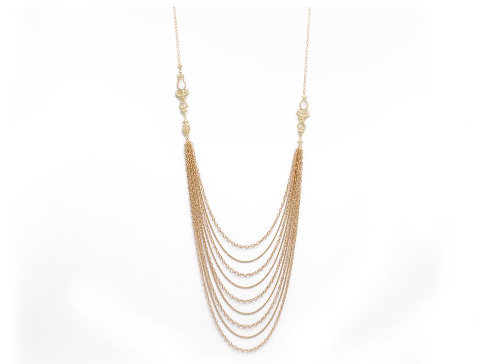 Sueno 40″ 18k yellow gold multi-strand duster necklace with white diamonds. Sueno multi-strand duster necklace