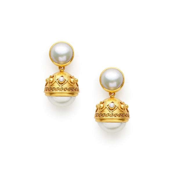 24k gold plate medici earring. Features a pearl stud as well as a crowned pearl with etching, dangling from the stud. Truly unique, everyone will ask who you are wearing. Medici Statement Earring