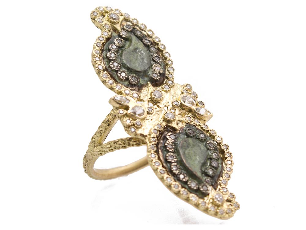 Collection: Sueno Style #: 10565 Description: Sueno 18K Yellow Gold large double-paisley artifact ring with white diamonds and white sapphires. Diamond Weight 0.56ct 18k Yellow Gold Ring - 10565