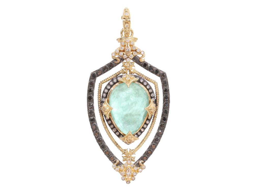 Collection: Old World Style #: 02714 Description: Old World open shield enhancer with quartz/green turquoise pear doublet and black and white diamonds.Metal: .925 Sterling SilverS/18k Yellow Gold Green Turquoise Diamonds - 02714