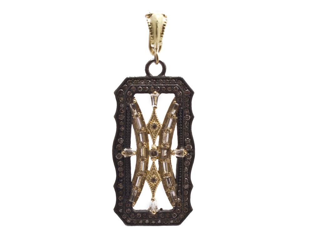 This pendant comes from the Old World Collection by Armenta. Featuring blackened sterling silver and 18k yellow gold, this necklace is perfect for those that love an antique style with a modern twist. Displaying white sapphire baguettes, as well as white and champagne diamonds. Square Champagne Diamond Pendant