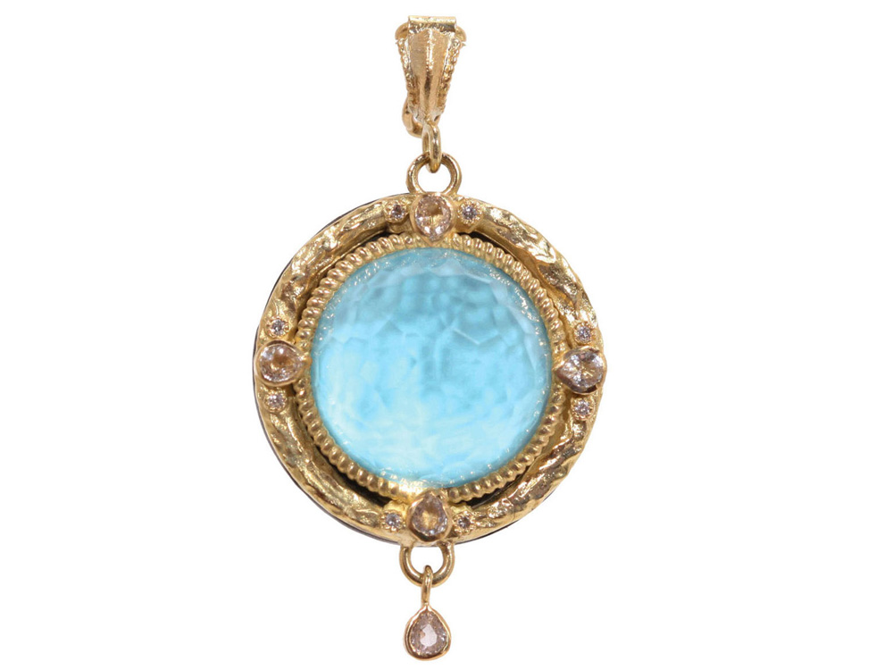 Collection: Old WorldStyle #: 02231Description: Old World round enhancer with quartz/turquoise doublet sapphires and diamonds.Metal: .925 Sterling SilverS/18k Yellow Gold Sterling Silver Enhancer - 02231