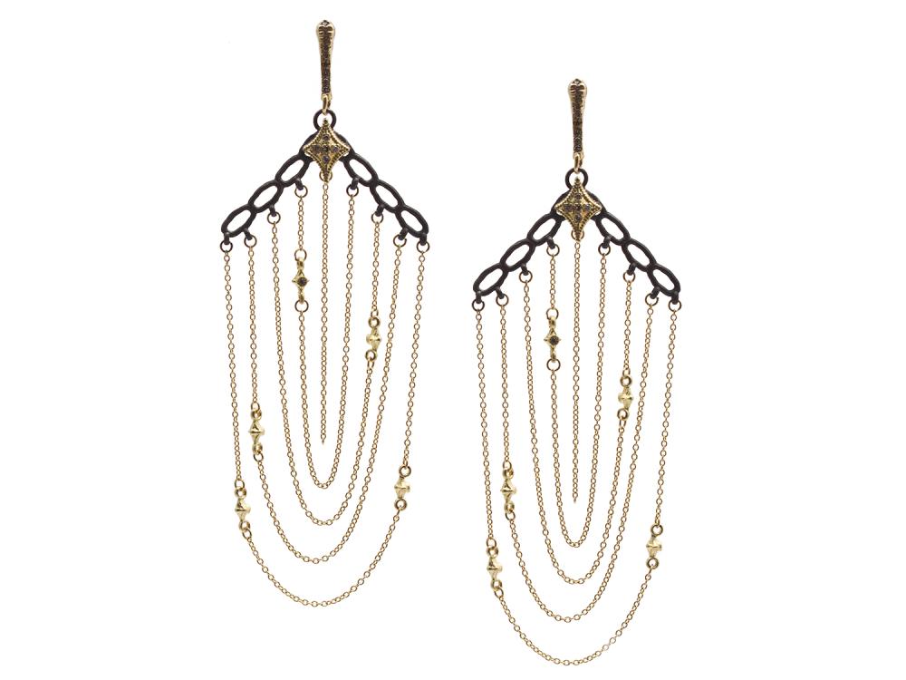 Collection: Old World Style #: 13320 Description: Old World blackened sterling silver/18k yellow gold crivelli gold multi-chain earring with champagne diamonds. Diamond weight - 0.23 ct.Metal: .925 Sterling Silver/18k Yellow Gold Champagne Diamond Earring- 13320