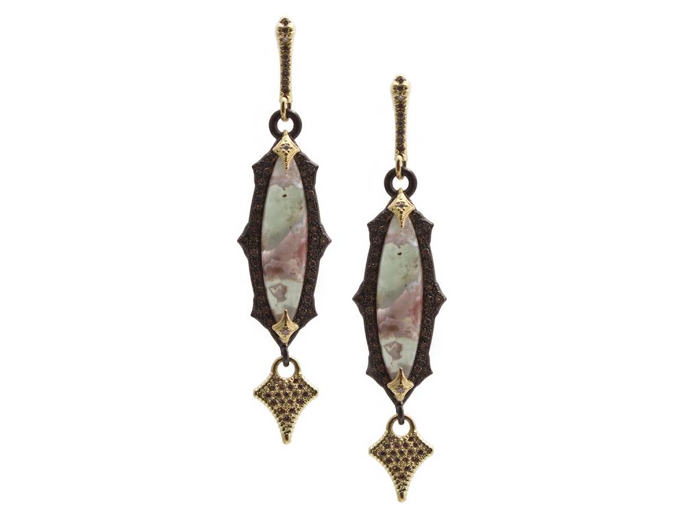 This Old World Collection earrings brought to you by Armenta, features a marquis Aquaprase cabochon center set stone. White and Champagne diamonds are accented throughout with an 18k yellow gold prong hanging off the bottom. Aquaprase Cabochon Earring