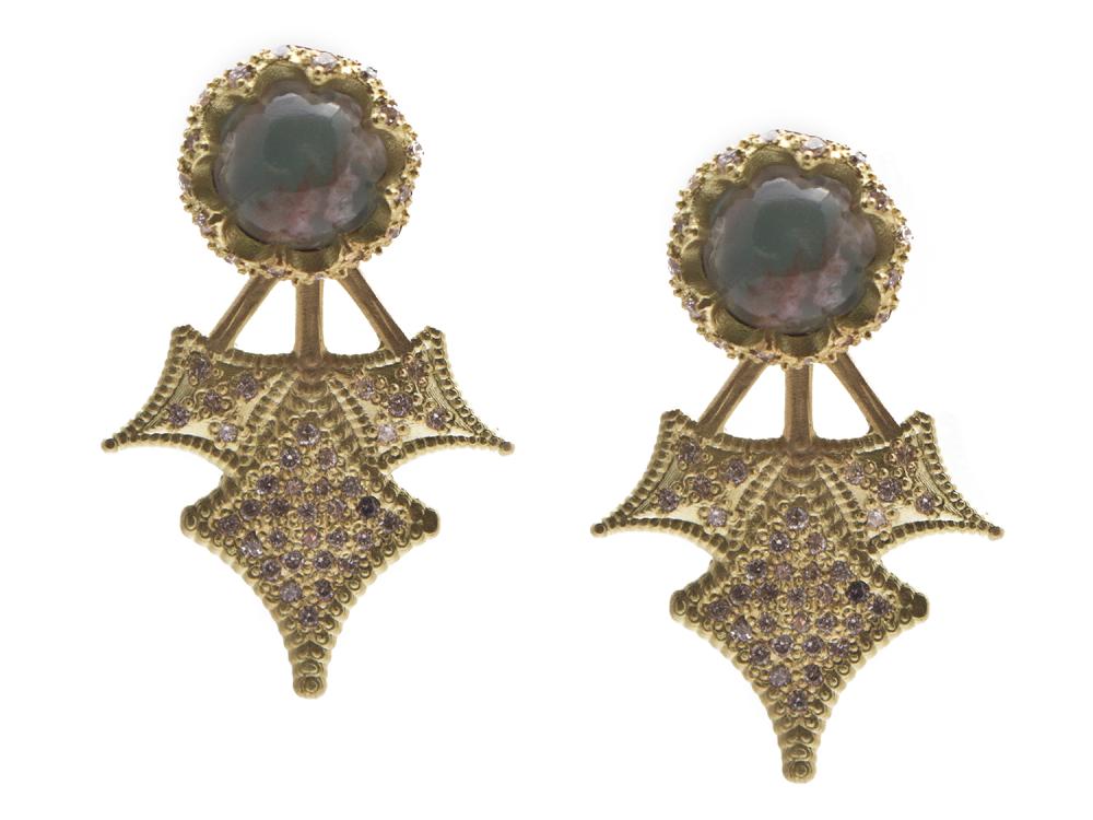 Collection: Old World Style #: 13826 Description: Old World blackened sterling silver/18k yellow gold 7mm round crivelli burst earring stud and jacket with Aquaprase cabochon and white diamonds. Diamond weight - 0.52 ct.Metal: .925 Sterling Silver/18k Yellow Gold Sterling Silver Earring- 13826