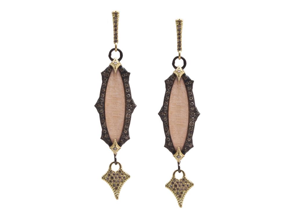 These Old World Collection earrings brought to you by Armenta feature blackened sterling silver and 18k yellow gold. The triplet center stone consists of a golden sunstone, light brown pink gel, and a whit quartz. These earrings are also accented with white and champagne diamonds, making these truly a pair of statement earrings. Champagne Diamond Earring