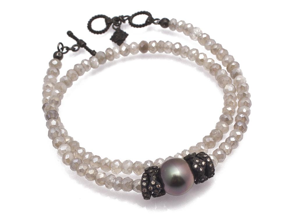 Collection: Old World Style #: 11657 Description: Old World Midnight 14" all-black double-wrap beaded bracelet with Mystic Moonstone beads, South Sea Tahitian Pearl and champagne diamonds. Diamond Weight 0.36ct Champagne Diamond Bracelet - 11657.0
