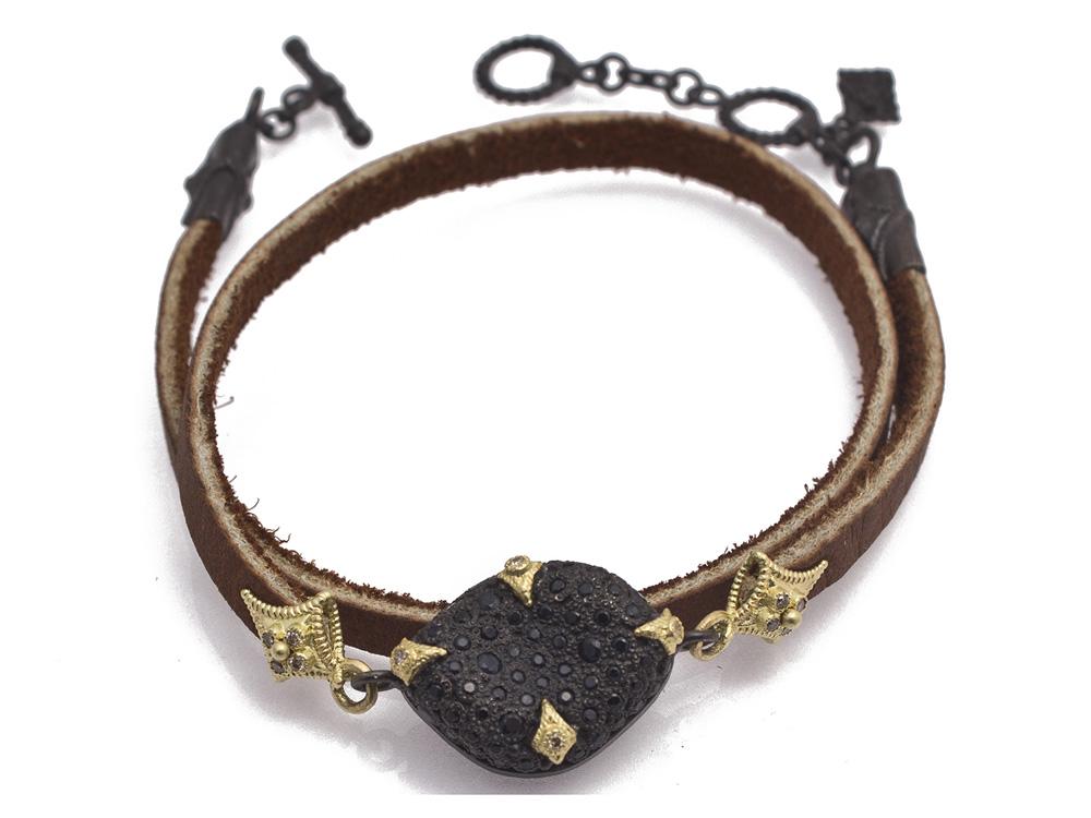 Collection: Old World Style #: 11659 Description: Old World blackened sterling silver/18k yellow gold 14" 18mm pave bead double-wrap leather bracelet with champagne and black diamonds. Diamond Weight 0.07ct Sterling Silver Bracelet - 11659.0