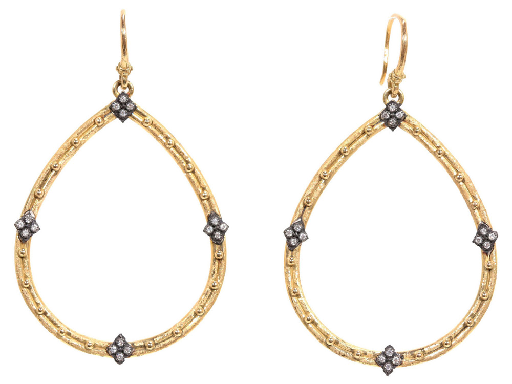 Collection: Old World Style #: 02147 Description: Yellow Gold open pear earrings with diamonds and gold granulation.Metal: .925 Sterling Silver/18k Yellow Gold Sterling Silver Earring - 02147