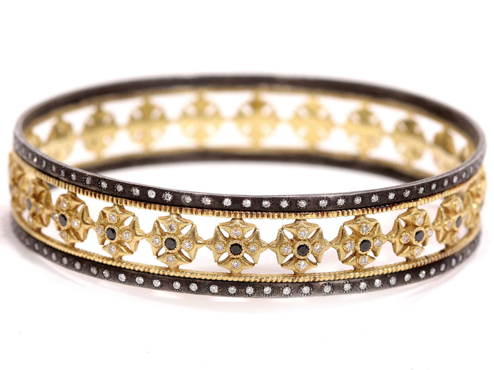 Collection: Old World Style #: 02162 Description: Yellow gold and Old World open Maltese cross bangle.Metal: .925 Sterling SilverS/18k Yellow Gold Sterling Silver Bangle - 02162