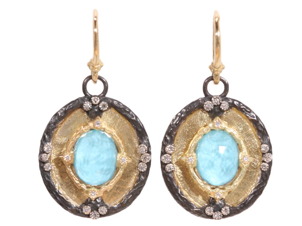 Collection: Old World Style #: 02330 Description: Old World blackened sterling silver and 18k yellow gold oval shield earrings with turquoise and diamonds on granulated hook.Metal: .925 Sterling SilverS/18k Yellow Gold Sterling Silver Earring - 02330