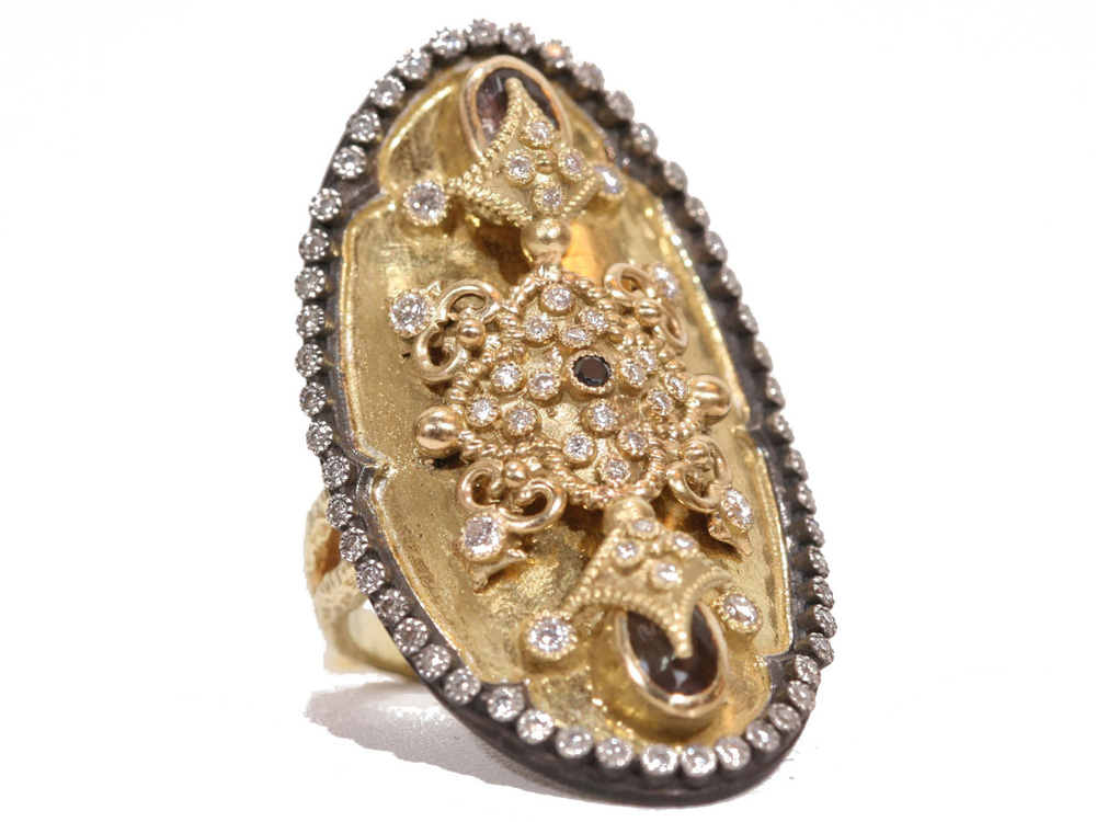 Collection: Old World Style #: 02380 Description: Old World 40mm Dulcinea elongated oval ring with black and white diamonds and black sapphire.Metal: .925 Sterling SilverS/18k Yellow Gold Sterling Silver Ring - 02380