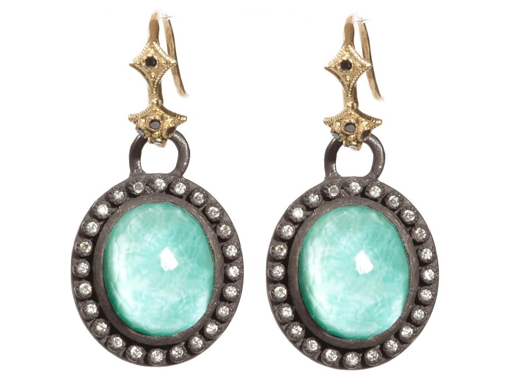 Collection: Old World Style #: 04036 Description: Blackened sterling silver and 18k yellow gold oval green turquoise drop earring with diamond bezel on black diamond hook.Metal: .925 Sterling SilverS/18k Yellow Gold Green Turquoise Earring - 04036