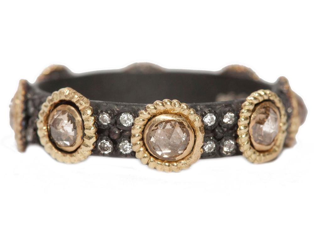 Collection: Old World Style #: 04819 Description: Blackened sterling silver and 18k yellow gold 3mm rose-cut champagne diamond stack ring with white diamonds. Diamond Weight 8.128 ct.Metal: .925 Sterling SilverS/18k Yellow Gold Champagne Diamond Ring - 04819