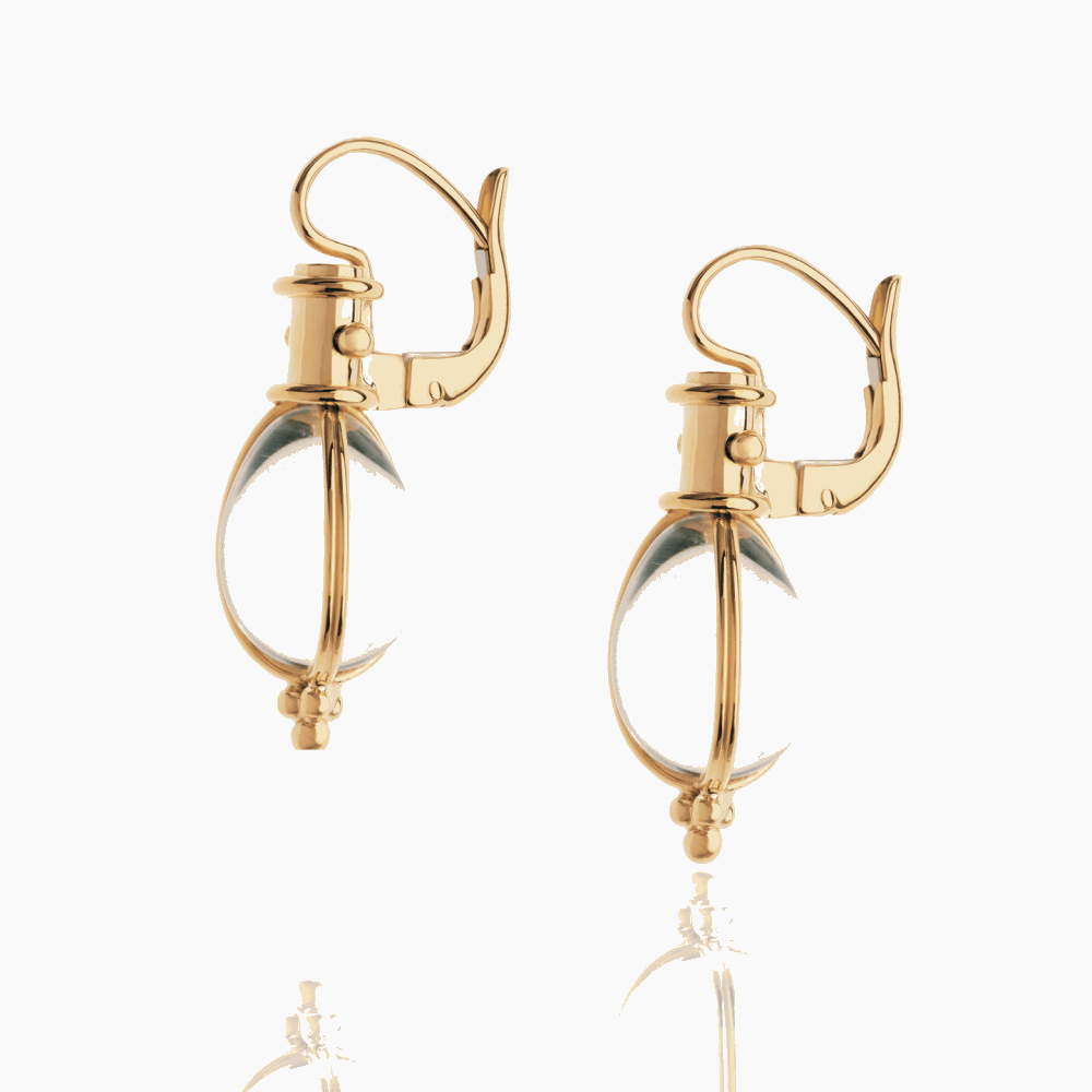 18K Yellow Gold Classic Temple St. Clair Amulet Earrings with rock crystal. Hook and snap closure. Measures 7/8 of an inch from the top of the Amulet to the bottom. Approx. 1 in from the top of the earring to the bottom of the Amulet 18K Yellow Gold Classic Temple St. Clair Amulet Earrings with rock crystal.