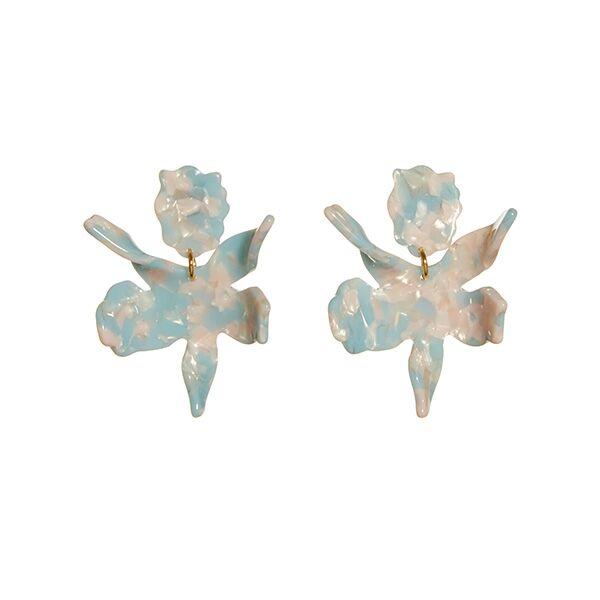 Our best selling earring now in a smaller scale. 2 1/4" by 1 3/4" hand swirled mint and ivory acetate lily flower with a surgical steel post closure. Lightweight and wearable from day to night. SMALL PAPER LILY EARRINGS - Sky Blue