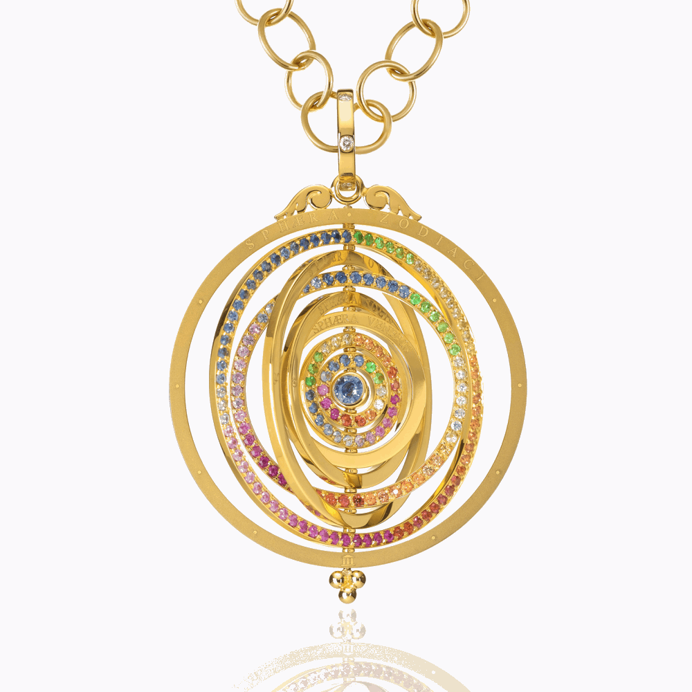 Dimensions: L: 69mm/2.75''; W: 47.5mm/1.9'' Stone Details: Blue Sapphire:2.06cts; Ruby:0.38cts; Medium Orange Sapphire:0.62cts; Light Orange Sapphire:0.80cts; Light Green Sapphire:0.84cts; Tsavorite:0.66cts; Lavender Sapphire:0.46cts; Pink Sapphire:0.70cts; diamonds:0.135cts; 18K Eight Ring Tolomeo Pendant with mixed sapphire and diamond
