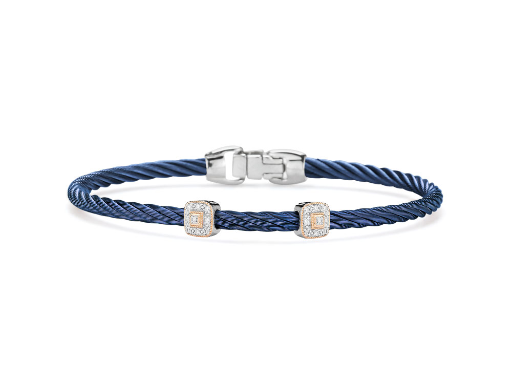 Blueberry cable 3mm, 18 karat White Gold and Rose Gold, 0.09 total carat weight Diamonds and stainless steel. Imported. Blueberry Diamond Bracelet
