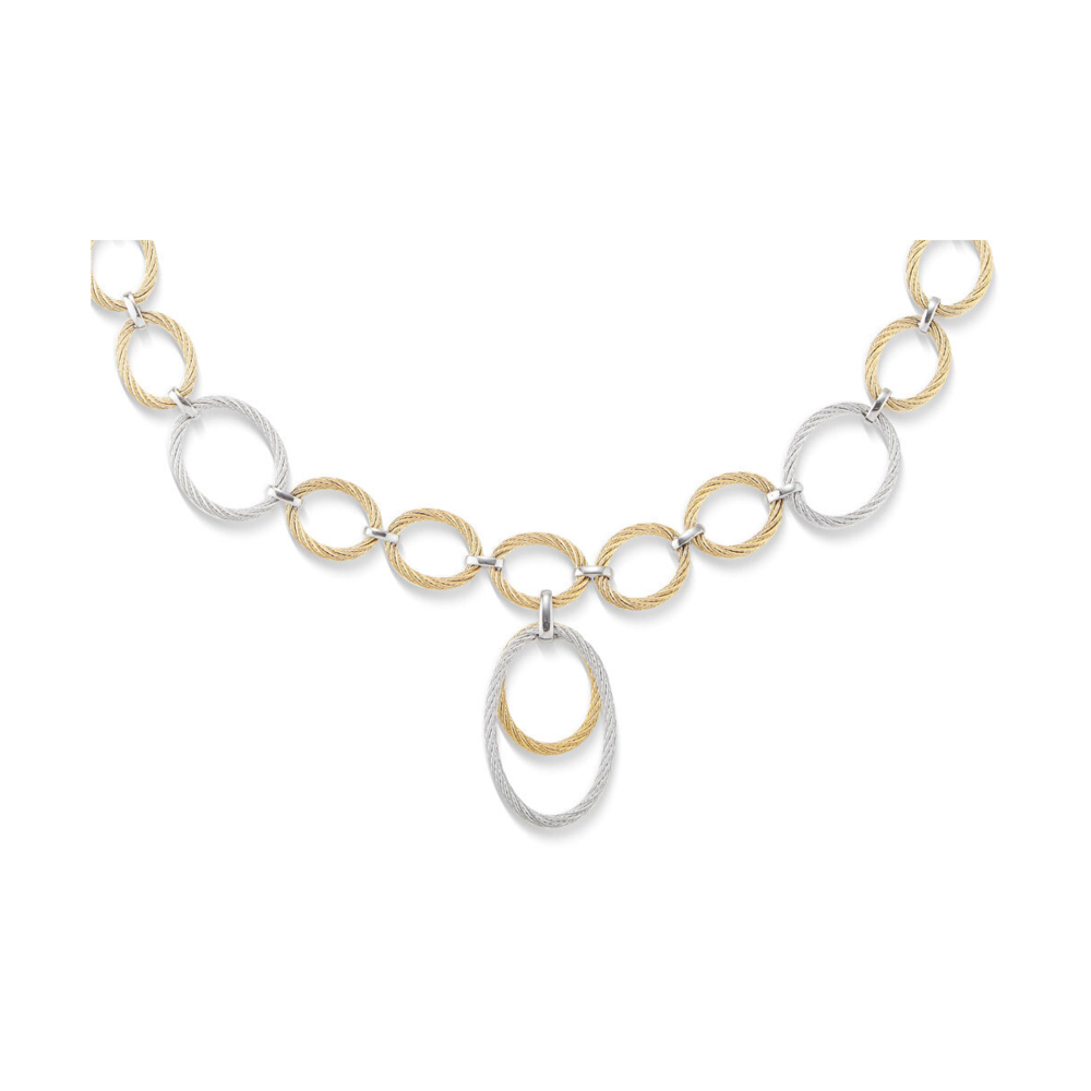 This stunning necklace by Alor gives you a big look without breaking the budget. Alor's patented steel cable loops are connected with 18k white gold links.<div style="position: initial; margin: initial;"><br style="position: initial; margin: initial;"></div><div style="position: initial; margin: initial;"><ul style="position: initial; margin: initial;"><li style="position: initial; margin: initial;">Available in Blueberry, Grey/Yellow, Grey/Black, & Yellow/Bronze</li><li style="position: initial; margin: initial;">18k Gold Clasp and Links</li><li style="position: initial; margin: initial;">Lightweight Design</li><li style="position: initial; margin: initial;">18" Length</li></ul></div> Interlocking Drop Cable Necklace