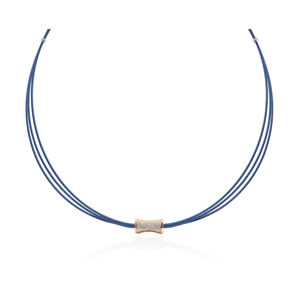 This necklace boasts elegance. Crafted from Alor's signature patented steel cable with an 18k and diamond rondel. <div><br></div><div><ul><li>Available in Blueberry, Black, Burgundy, & Carnation</li><li>18k Gold Clasp and Settings</li><li>16" Length</li></ul></div> Multi Strand Eclipse Cable Necklace