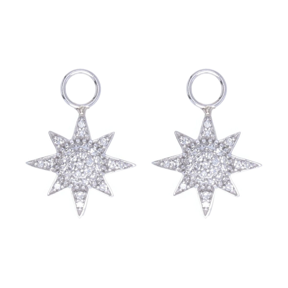 These sweet pave star earring charms can be worn on a huggie hoop or with a diamond stud. Perfect weight and size to wear every day, they are sparkly yet understated. Set in 14k white gold and white diamonds. 14k White Gold Pave Diamond Starburst Earring Charms