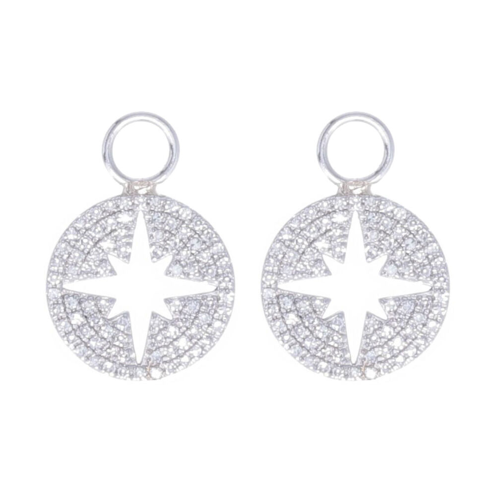 Perfect for everyday these 14k white gold earring charms are covered in diamonds and have a North Star cutout. Light weight and sparkly - this will be a favorite. 14k White Gold North Star Cut Out Earring Charms