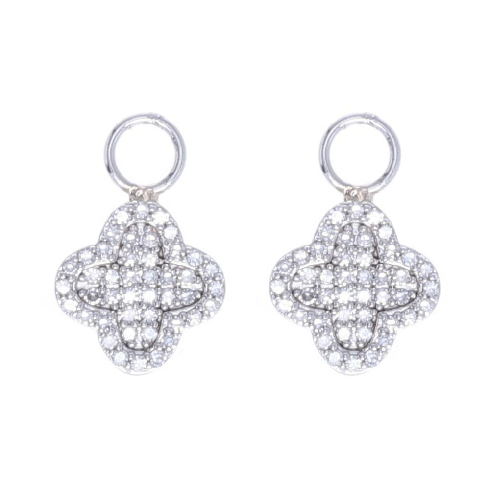 14k white gold and diamond clover motif earring charms, can be worn with a huggie hoop or with a diamond stud. Easy to wear and great for every day. 14k White Gold and Diamond Clover Motif Earring Charms