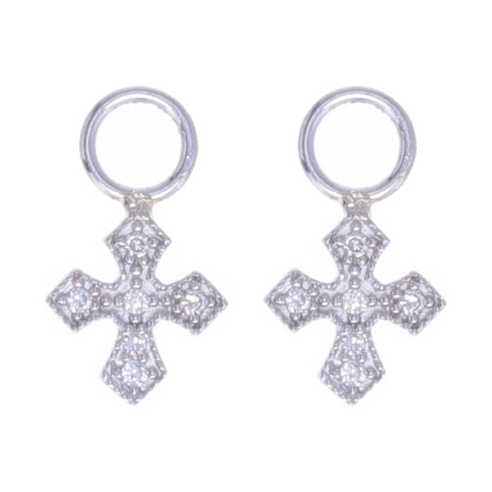 Lovely little tiny cross earring charms, with prong set diamonds set into 14k white gold. Perfect to wear on a huggie hoop or with a pair of diamond studs. 14k White Gold Tiny Cross Earring Charms