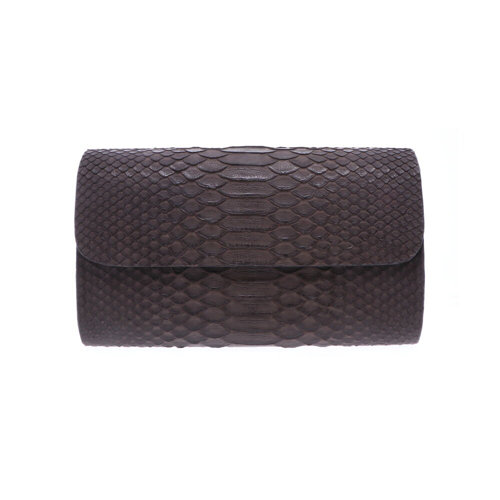 This sleek and stylish grey python clutch is the perfect addition to any handbag lovers collection! Whether worn with the chain as a cross body bag or as a clutch, this bag is sure to turn heads. Large Grey Python Clutch