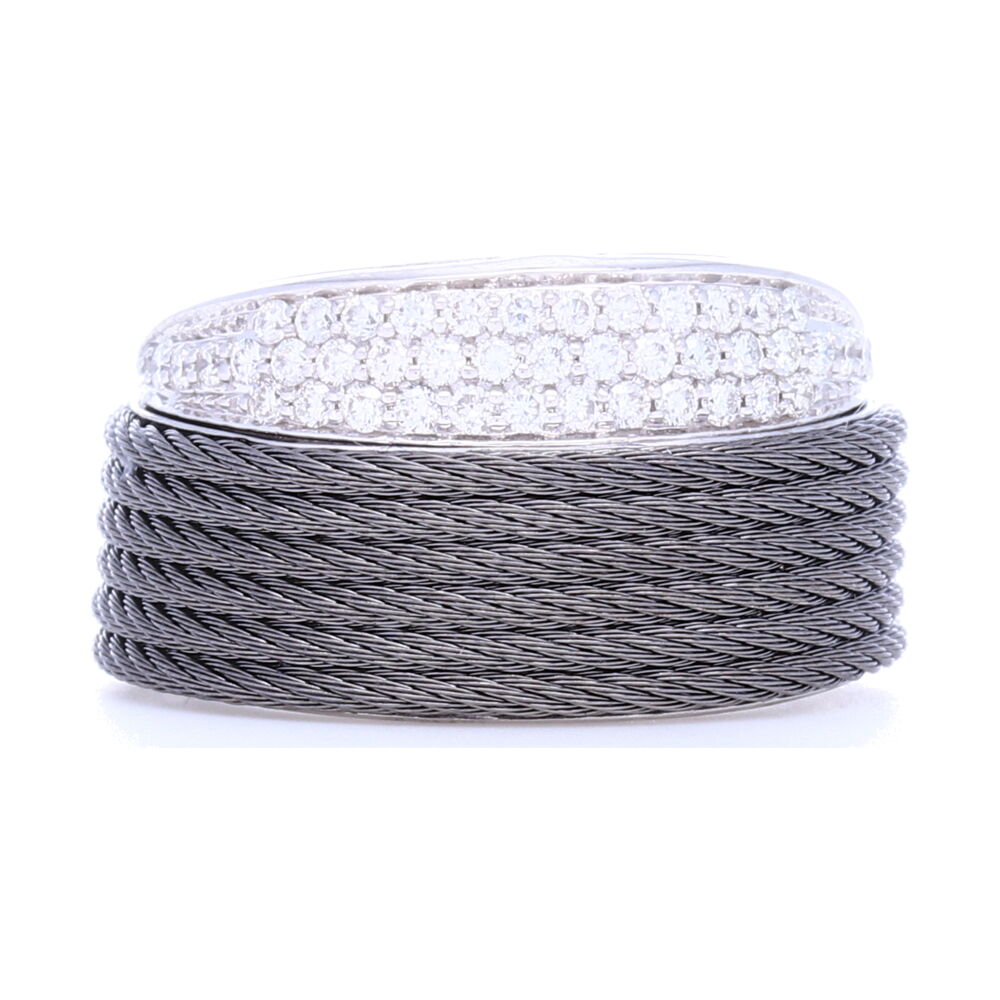 This glamorous ALOR slanted grey cable ring is the perfect addition to any jewelry lovers collection. With .36 carats of diamonds, this ring radiates elegance and class. Due to its lightweight, this ring is perfect for a day or night time look. Slanted Grey Cable Ring with Diamonds