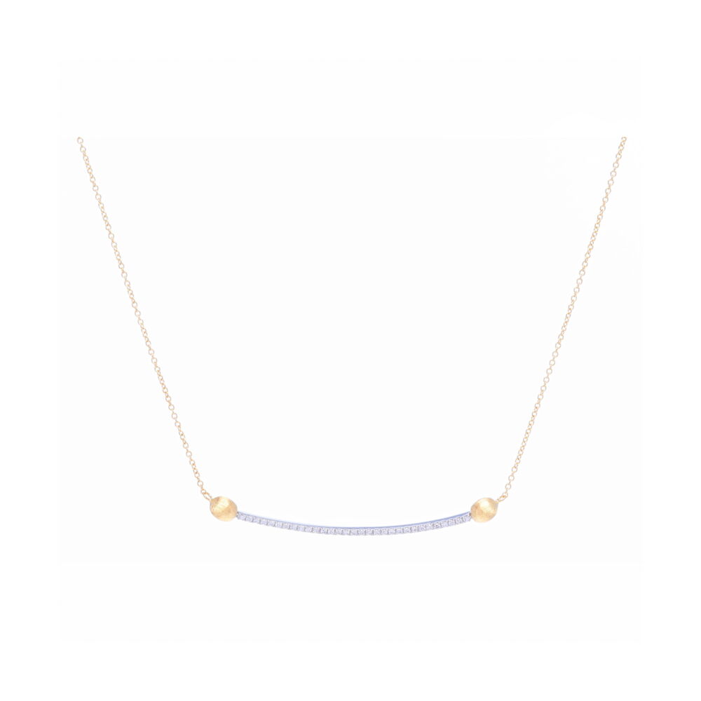 This simple 18k yellow gold necklace features a bar of diamonds starting and ending with a gold brushed bead. Featuring a total carat weight of .16 carats, this diamond necklace is a classic modern addition to any day. Diamond Bar Necklace