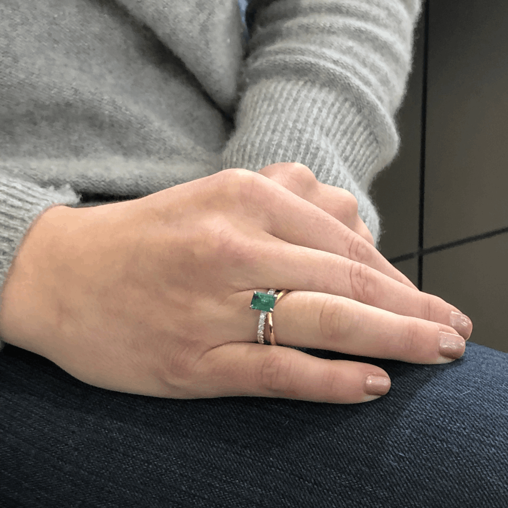 Image 2 for 18k Yellow Gold Emerald Cut Zambian Emerald Ring with Split Diamond Shank Band