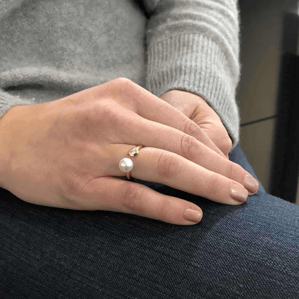 Image 2 for 7.5mm Diamond and Pearl Split Front Ring in 18k Yellow gold