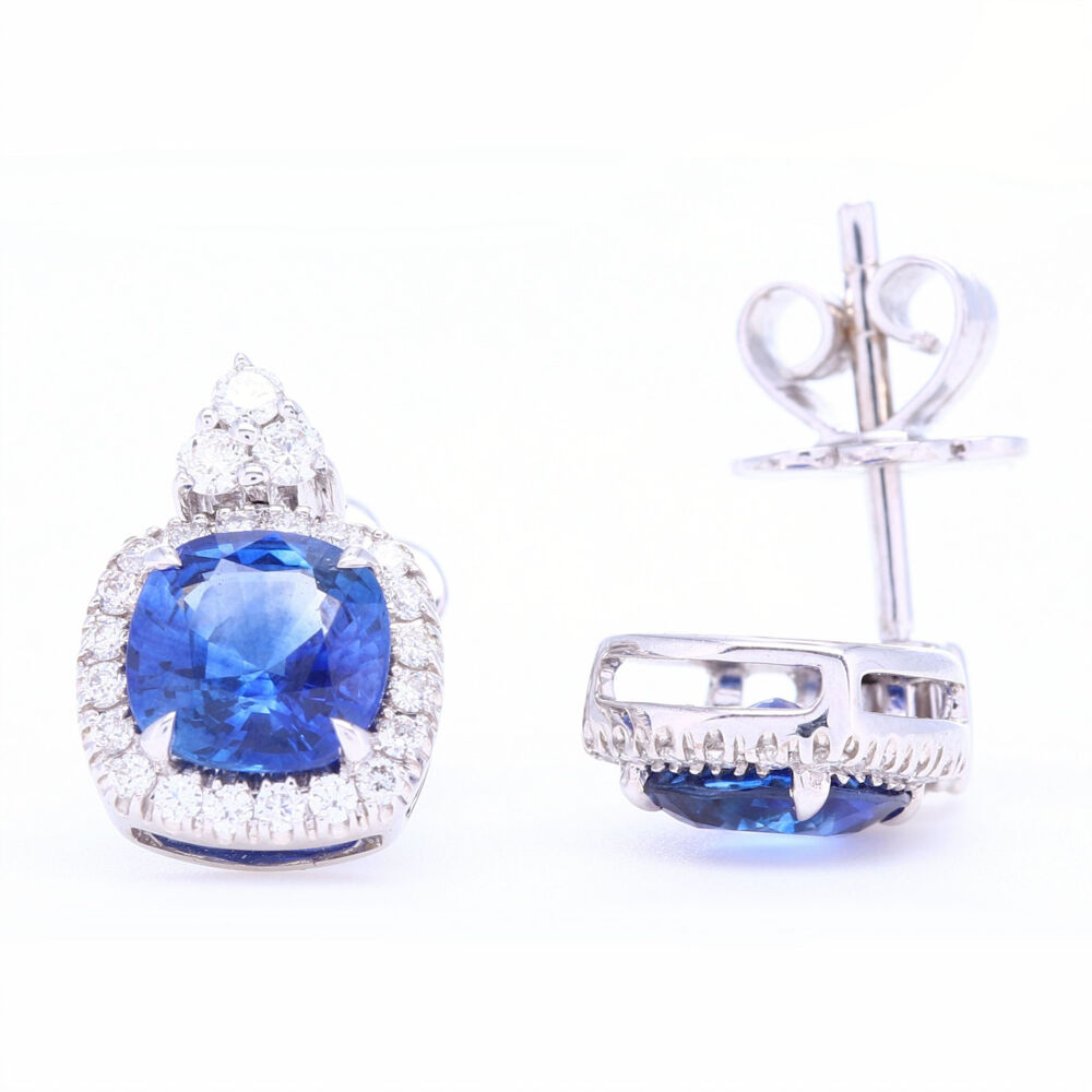 Image 2 for 18k White Gold Cushion Blue Sapphire Studs with Diamond Halo