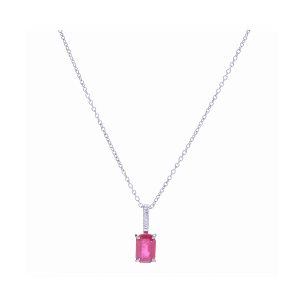 Emerald cut 1.05 carat Ruby pendant set into 18k white gold with diamond pave on the bale. Perfect every day pendant - celebrate a July birthday for yourself or a loved one. 18k White Gold Emerald Cut Ruby Pendant Necklace