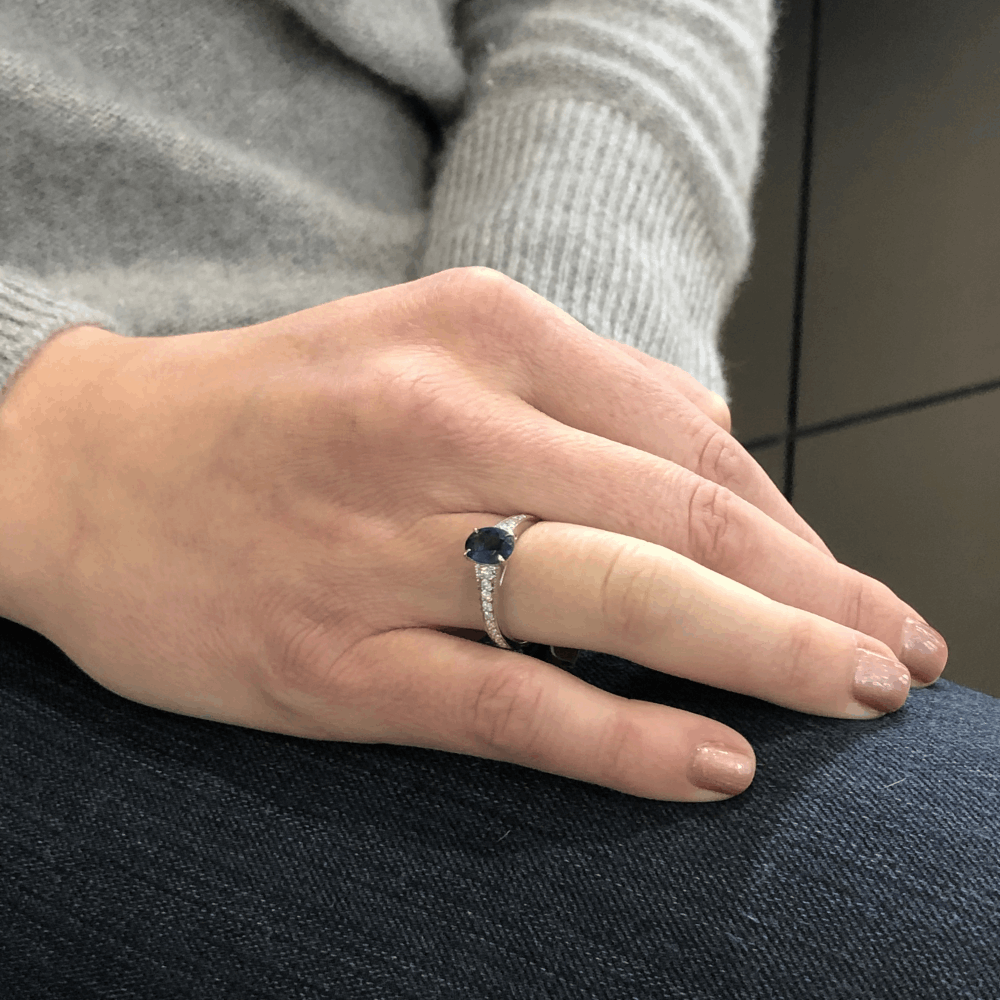 Image 2 for Vivid Blue Oval Sapphire Solitaire with Pave Diamond Shank