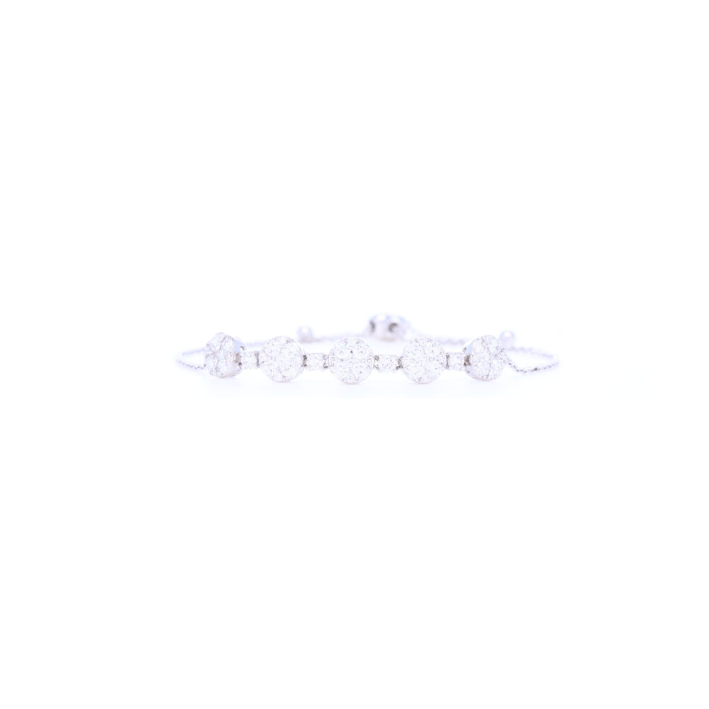 This 14k white gold diamond bracelet has 1.47 carats of prong set round diamonds. This bolo bracelet is perfect for a night out or everyday wear and can be worn stacked with other bracelets or stand alone. This elegant and sexy bracelet is bound to turn heads. 14K White Gold Round Diamond Bolo Bracelet