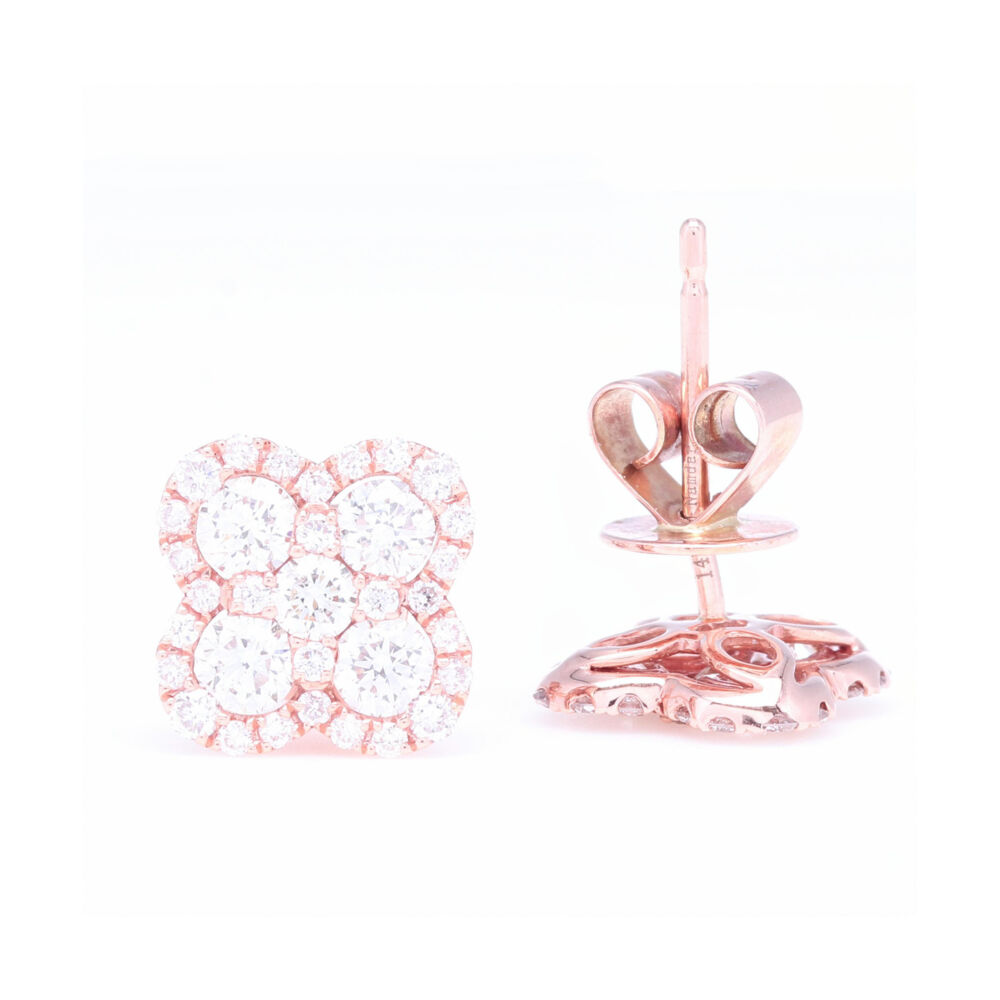 Image 2 for 14k Rose Gold Pave Diamond Clover Stud Earrings
