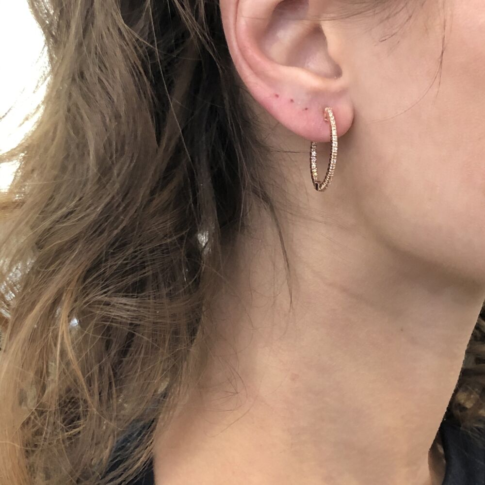 Image 2 for 14k Rose Gold Round Diamond In & Out Huggie Hoop Earrings