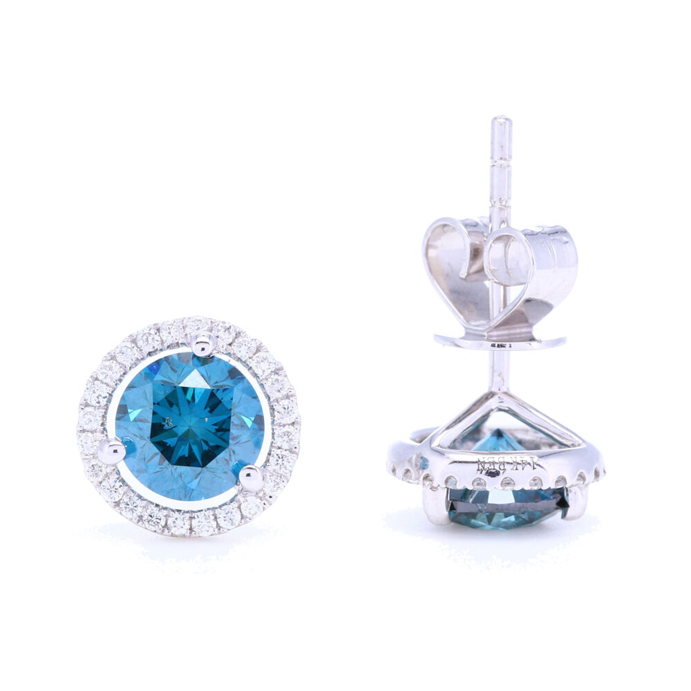 Image 2 for 18k White Gold Prong Set Blue Diamond Stud Earrings with White Diamond Halo