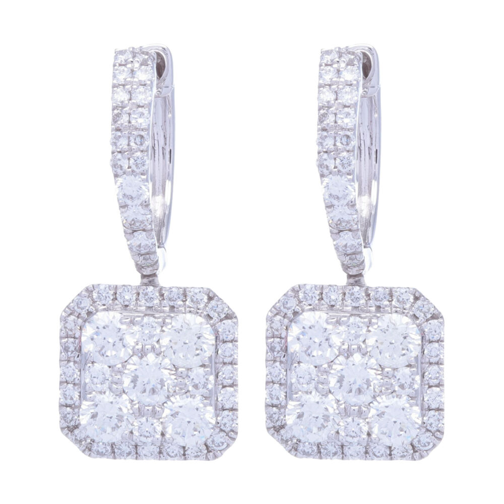 Fantastic earrings for every day, they are light, easy to wear and over a carat of diamonds. Set in 14k white gold these bright diamonds will find light through any hairstyle. Bright and elegant style, these will be a favorite. 14k White Gold Diamond Square Drop Dangle Diamond Earrings