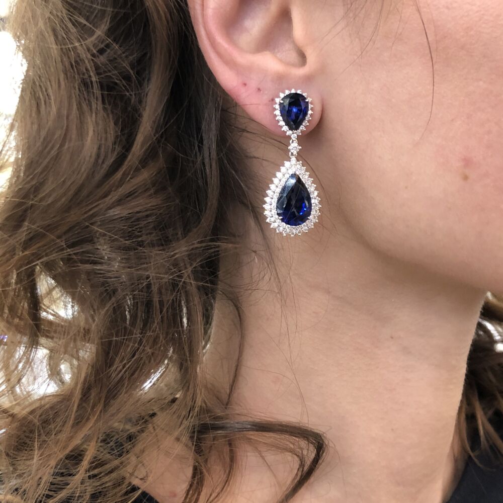 Image 2 for 14k White Gold Round Diamond and Diffused Sapphire Earrings